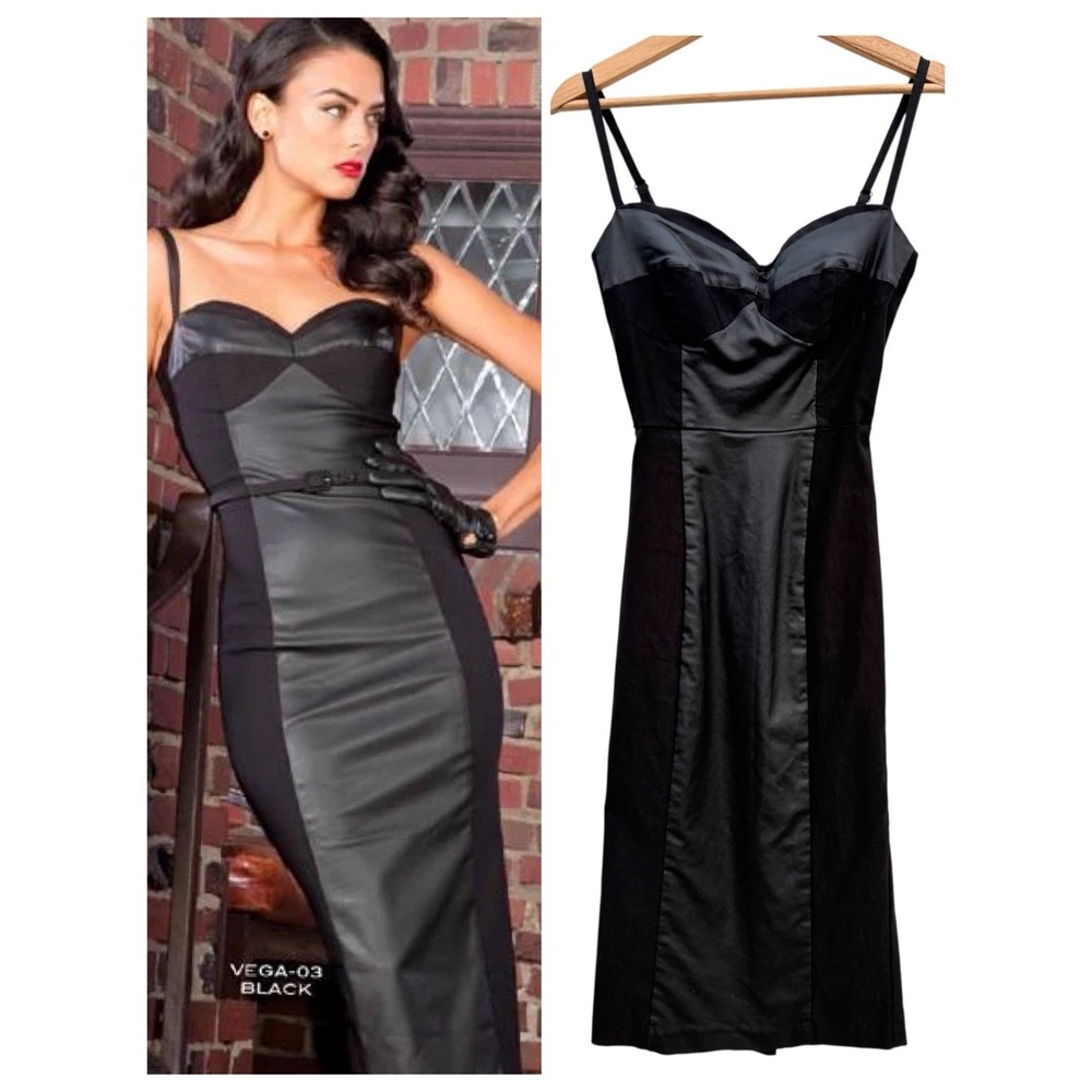 Stop Staring Vega 1950s Fitted Dress Black Faux Leather M Pinup Retro Cocktail